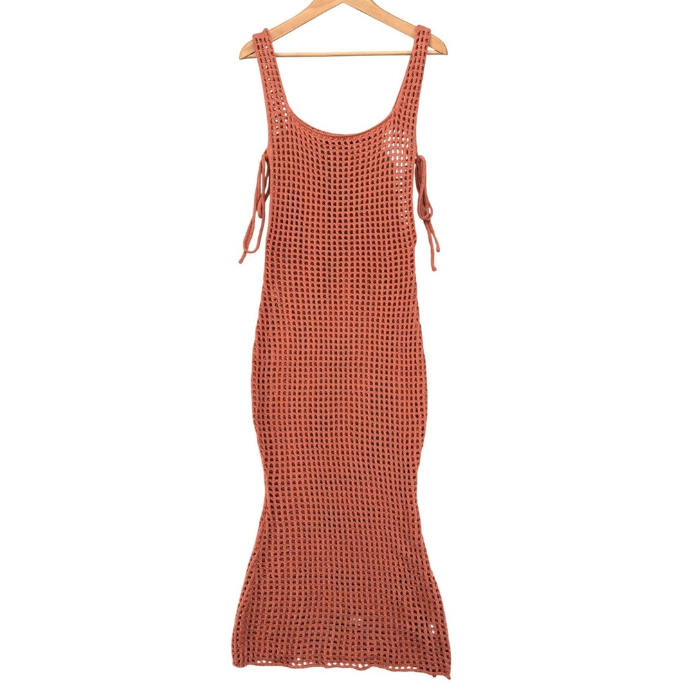 Beige Botany Crochet Maxi Dress M Rust Orange Open Knit Boho Festival Cover Up - Picture 2 of 9